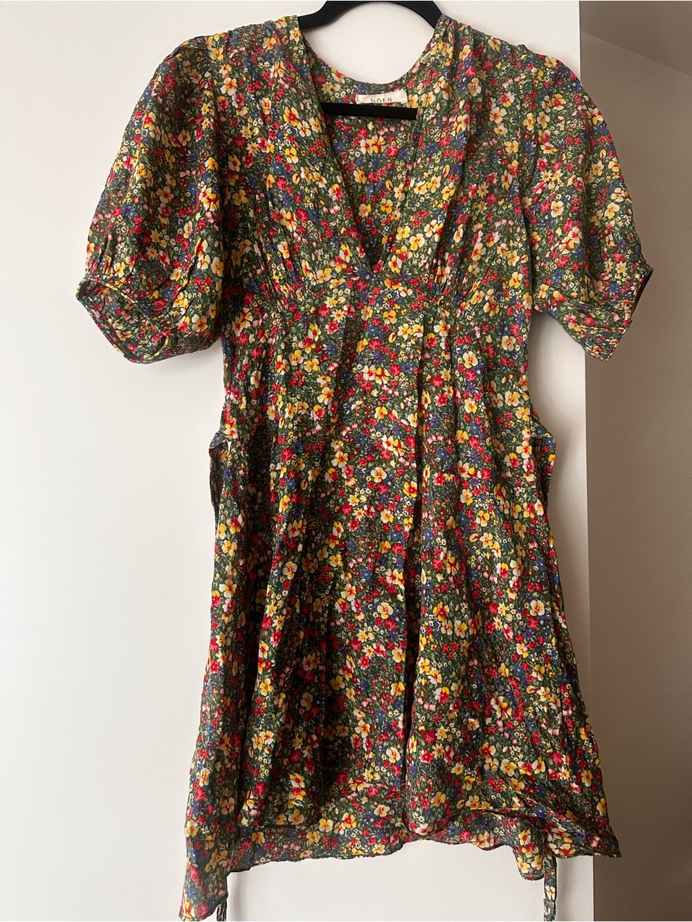 Doen Green Floral Mini Dress with Yellow and Red Accents